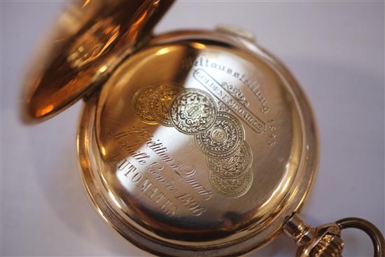 A late 19th century continental 14ct gold jacquemart automaton quarter repeating hunter pocket watch,